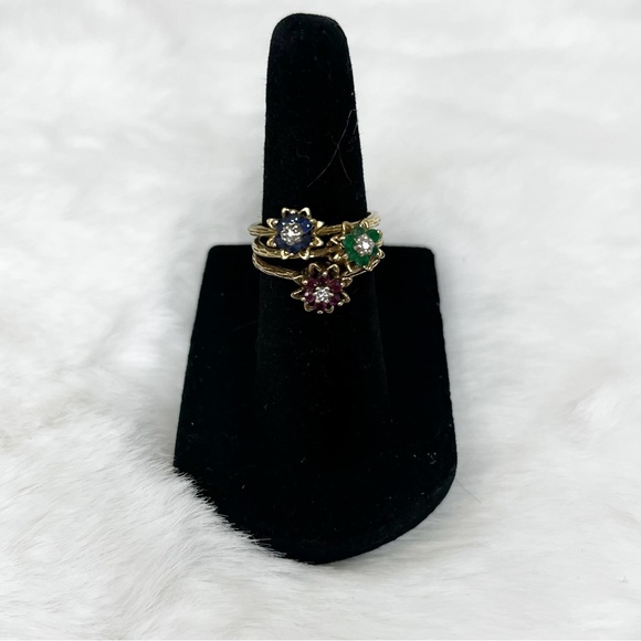 Vintage Stackable Tulip 10K Gold Rings With Leaf Wrap Enhancer - Picture 2 of 8